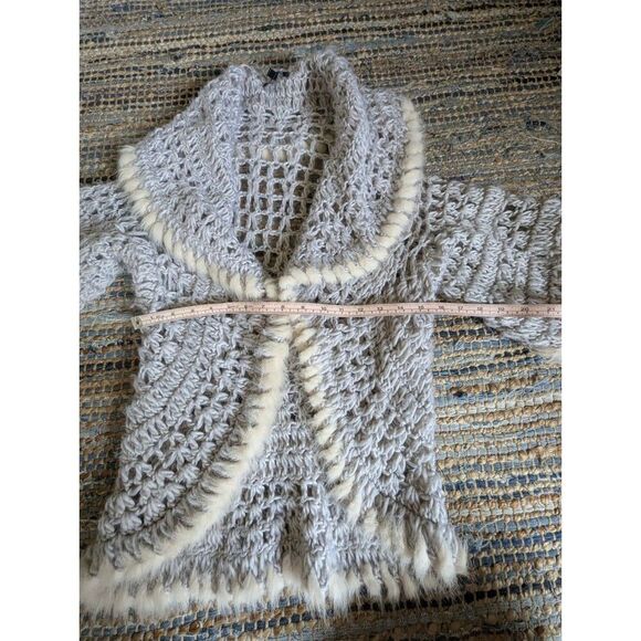 Grey Crochet Rabbit Fur Trim Wool Blend Open Knit Cardigan S/M Festival - Picture 5 of 6